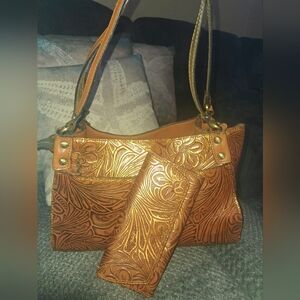 PATRICIA NASH Elegant Brown Embossed Leather Handbag WITH MATCHING WALLET